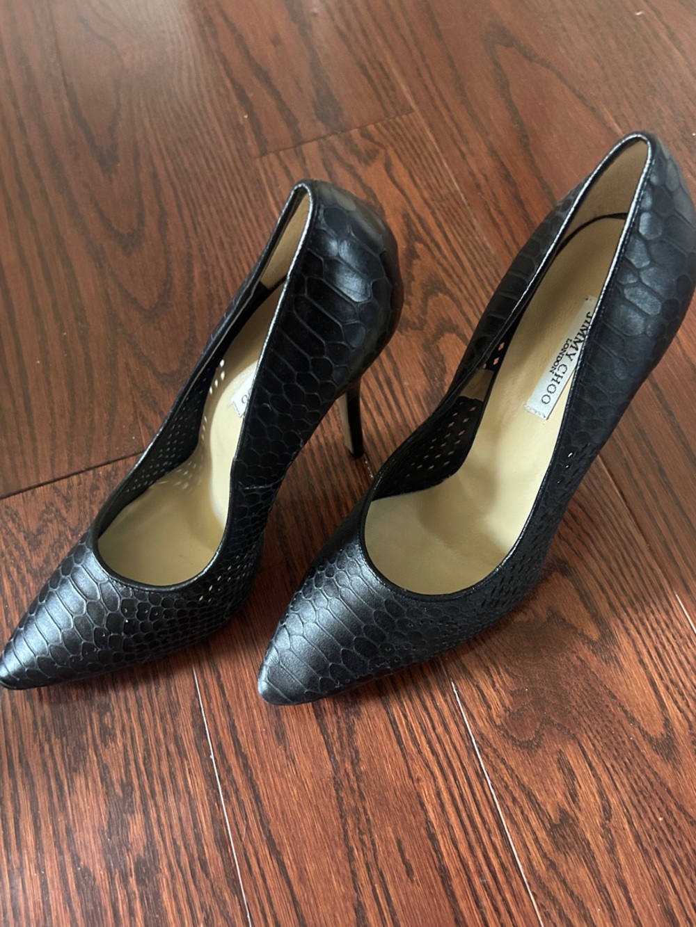 Vintage Jimmy Choo Black Snake-Embossed Pointed Pumps